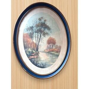 Vintage 1989 Signed Oval River Landscape Painting in Frame 17x13 – Autumn Trees